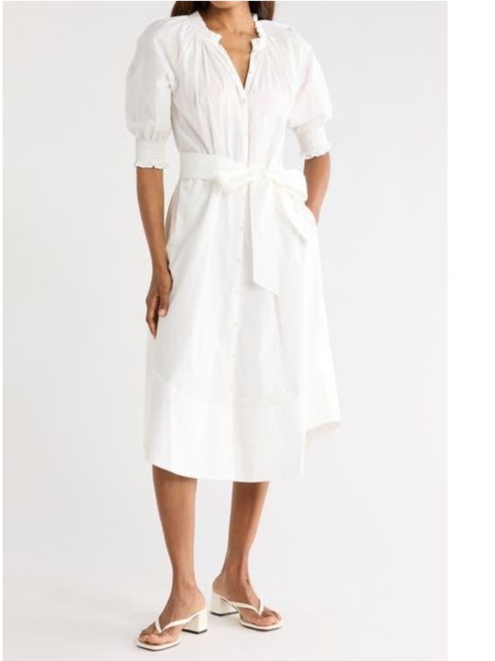 Ramy Brook Kleo Ivory Puff-Sleeve Button-Front Midi Dress with Tie Waist Small